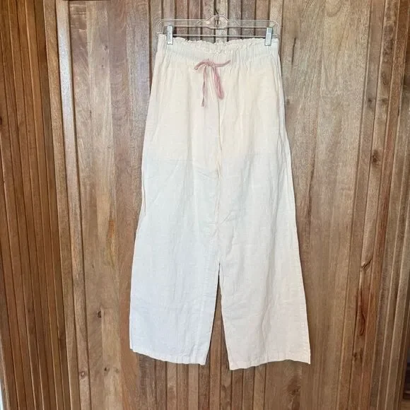NWOT Grey Lab Ivory Linen Wide Leg Pants Size Small Paper Bag Waist - Picture 2 of 6